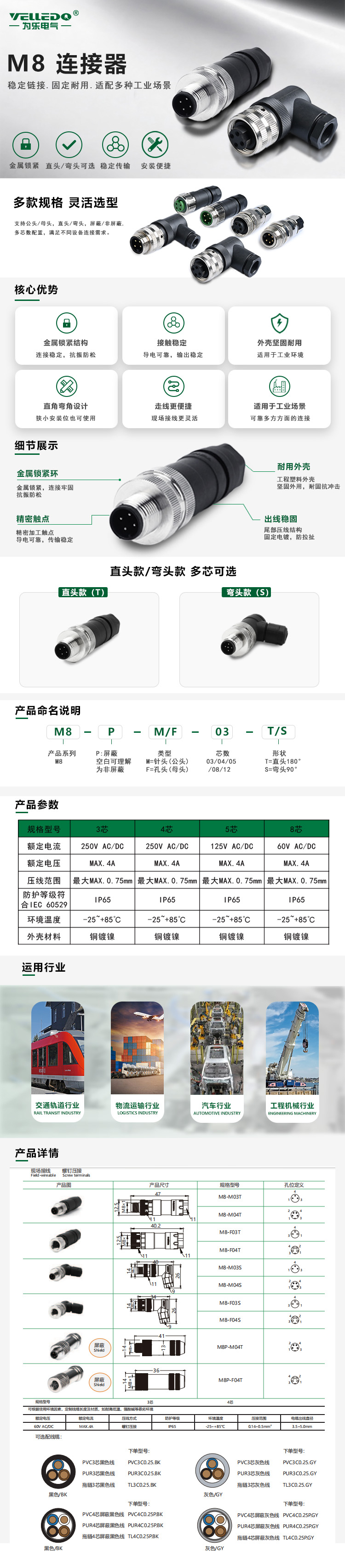 为乐电气 VELLEDQ M8-F03T 工业应用